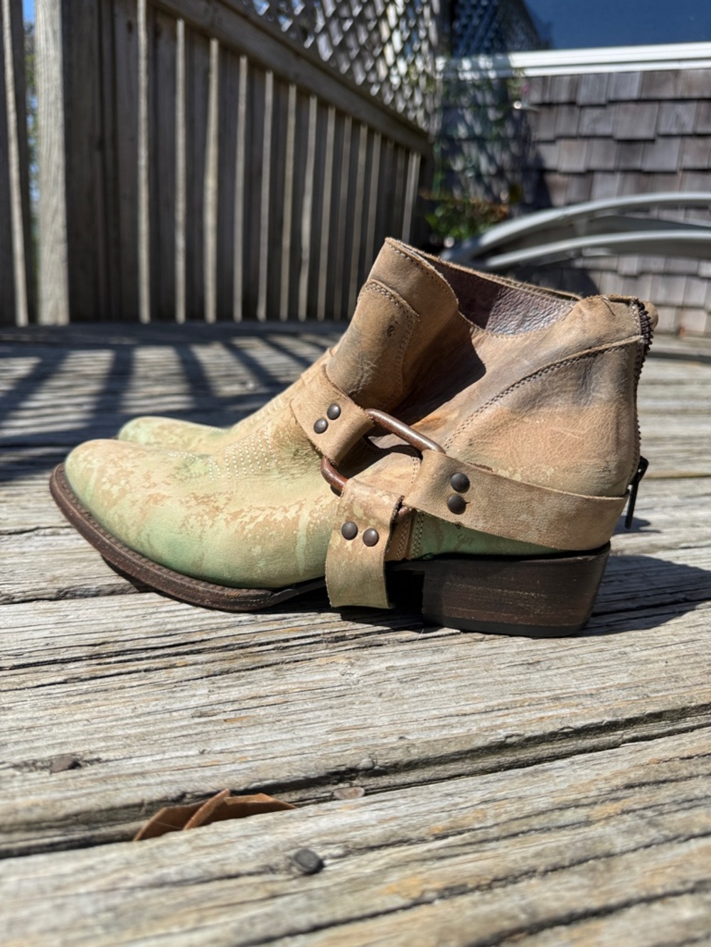 Freebird by Steven Distressed Green and Tan Harness Ankle Boots